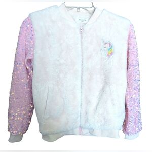 WELAKEN Girl’s Unicorn Fleece Full-zip Sequin Sleeves Jacket W/Pockets Size 150.